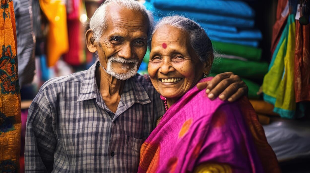 An elderly South Indian couple smiling together